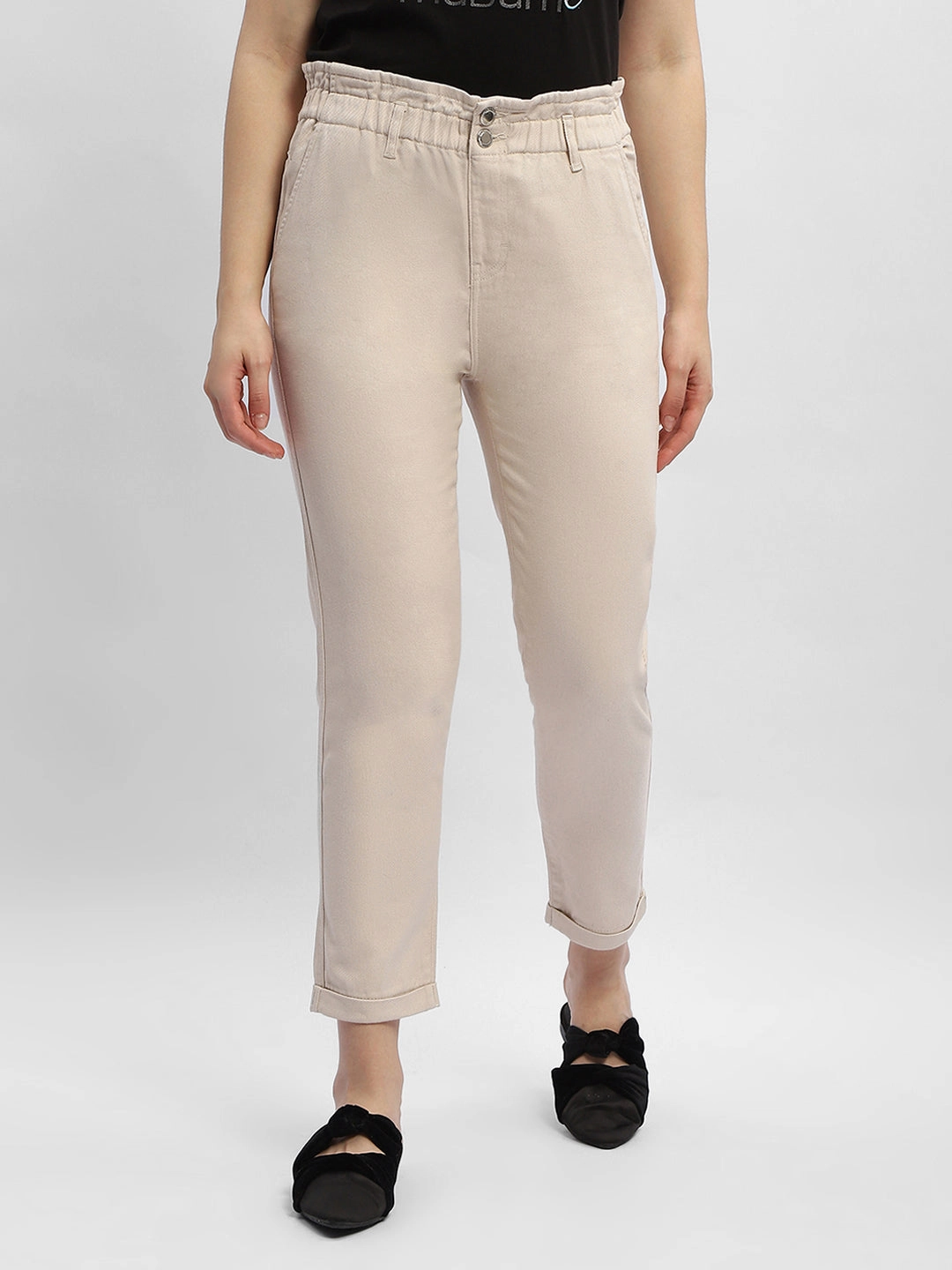 Madame Ruched Waistband White Trousers Street Ready Comfy Look