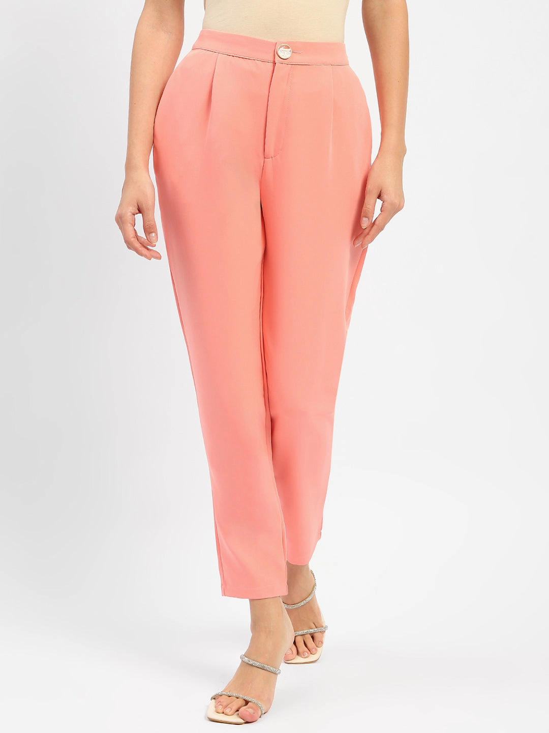 MultiPocketDesign Trendy Cut Madame Salmon Solid Regular Trousers