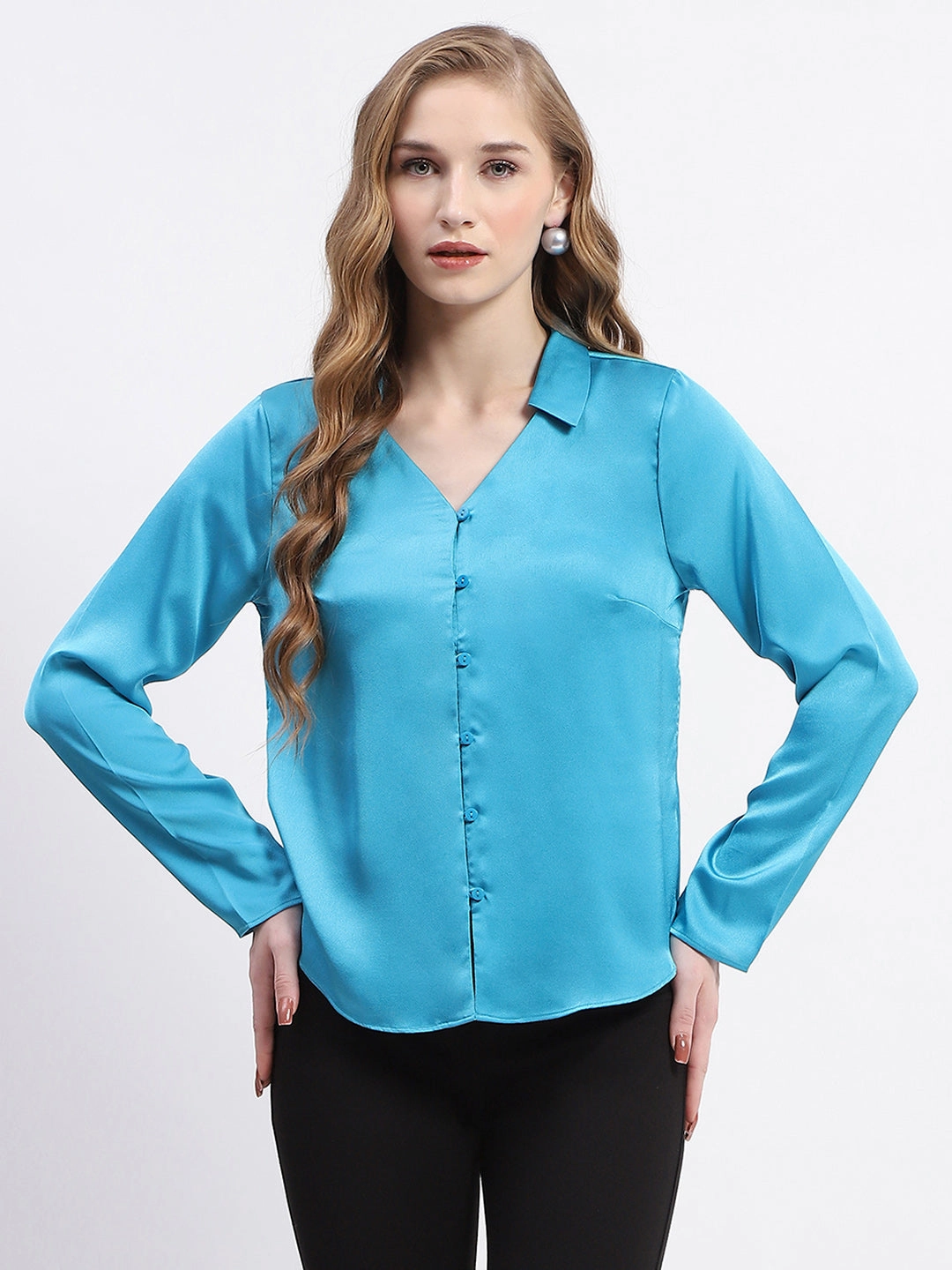 Embroidered Detail Contrast Stitch Madame Satin Bell Sleeve Collared Solid Blue Top