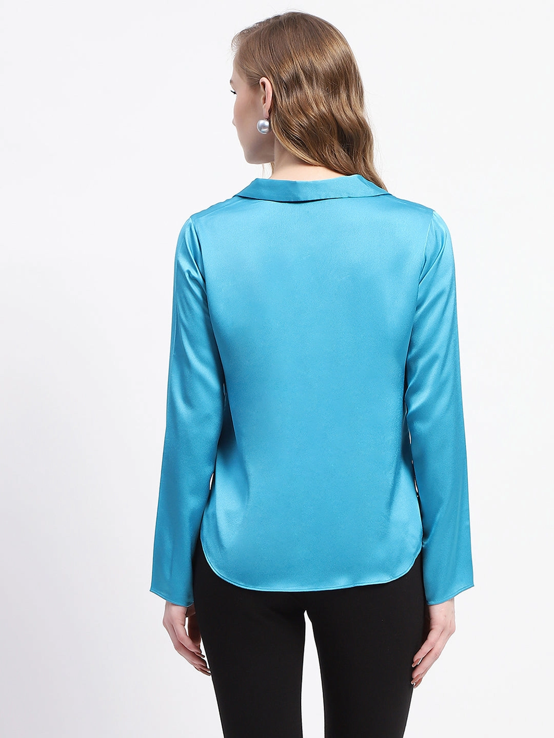 Lightweight Comfort Madame Satin Bell Sleeve Collared Solid Blue Top