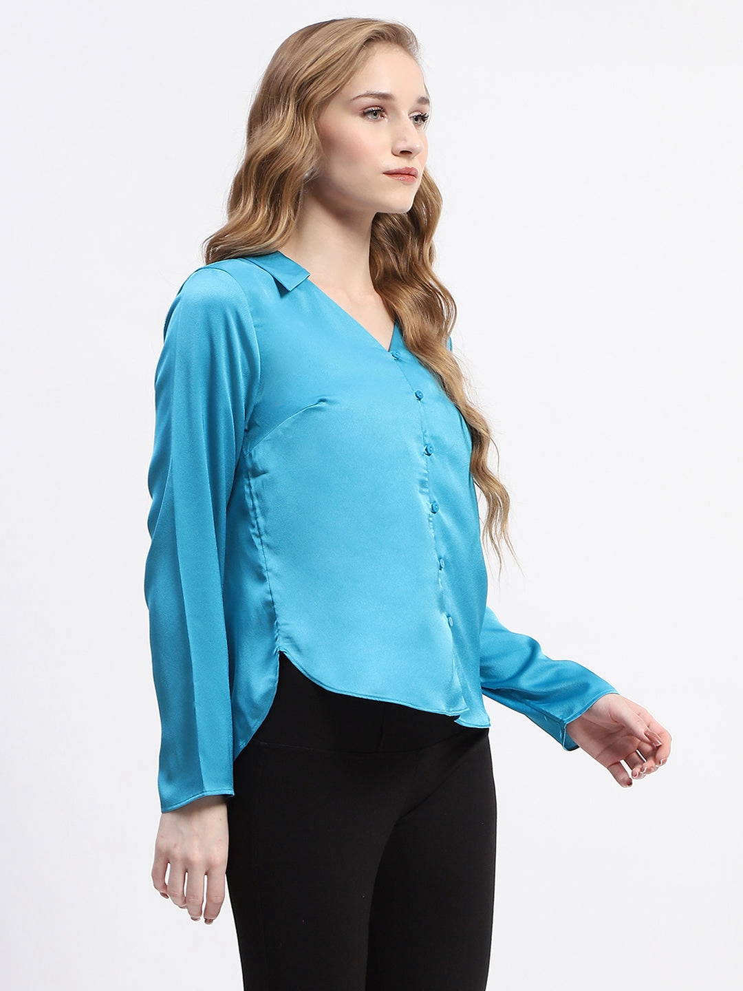 Madame Satin Bell Sleeve Collared Solid Blue Top Premium Feel