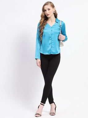Madame Satin Bell Sleeve Collared Solid Blue Top Anniversary Celebration Linen blend