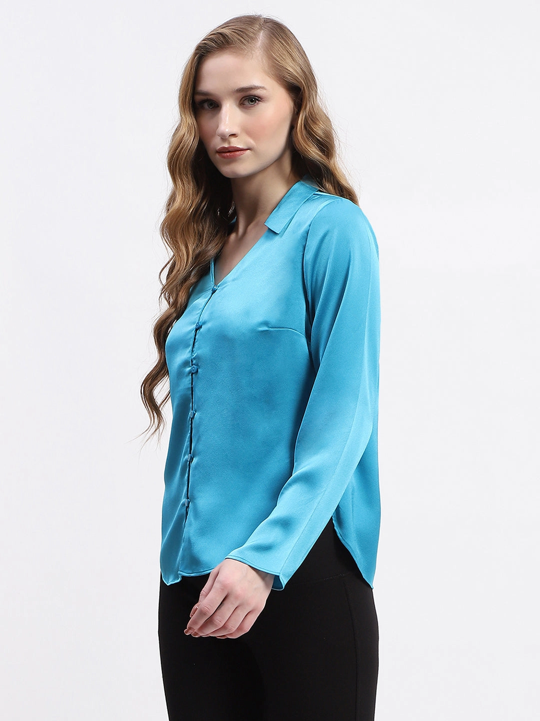 Easy Care Material High-End Look Madame Satin Bell Sleeve Collared Solid Blue Top