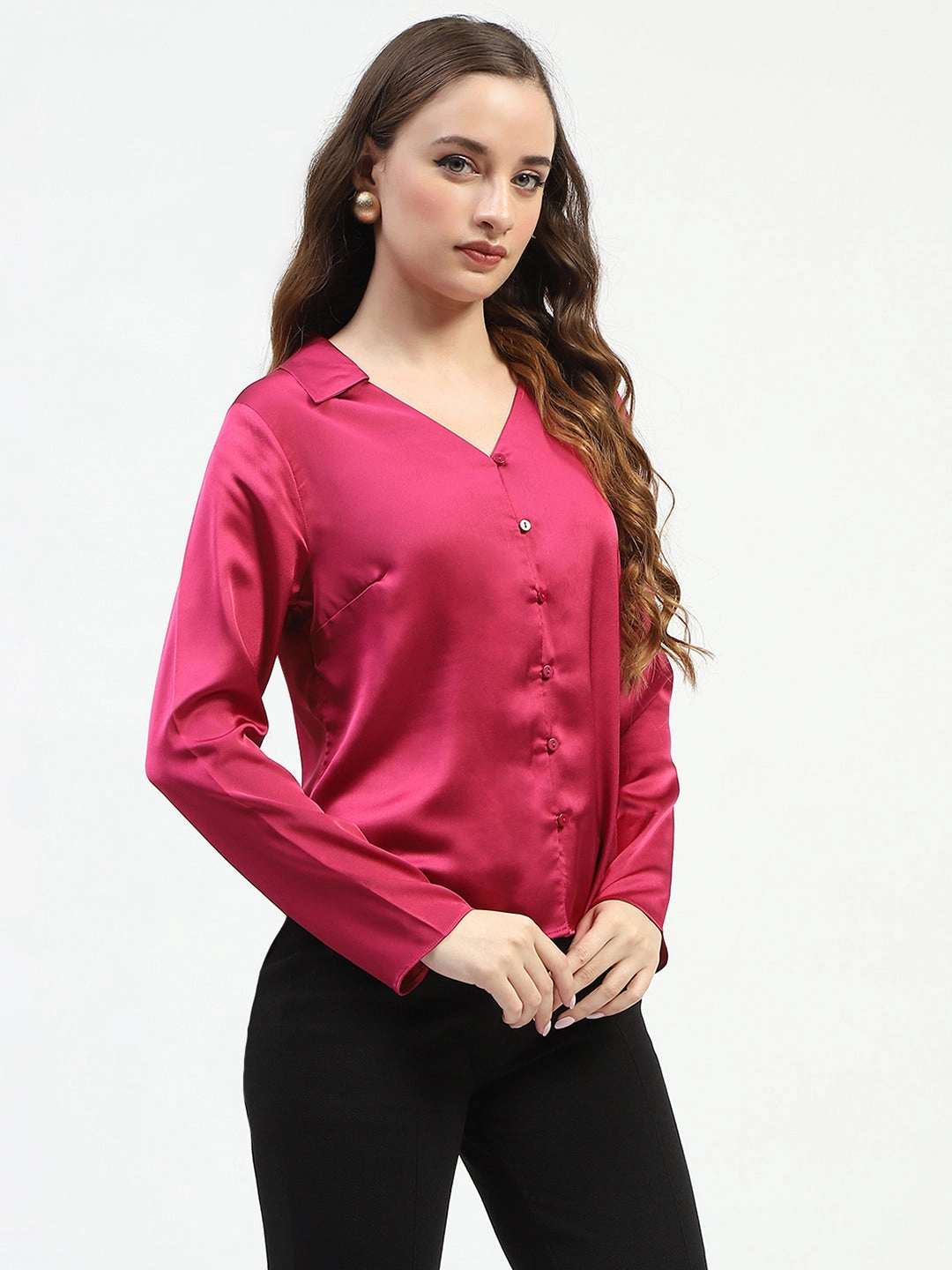 Low Profile Pocket Design Madame Satin Bell Sleeve Collared Solid Fuschia Top