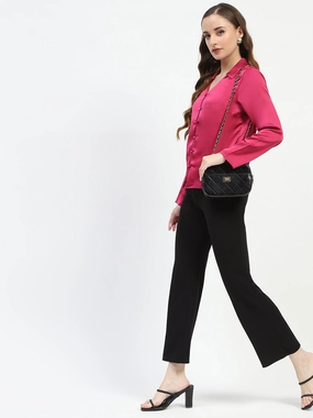 Madame Satin Bell Sleeve Collared Solid Fuschia Top Conference Appropriate