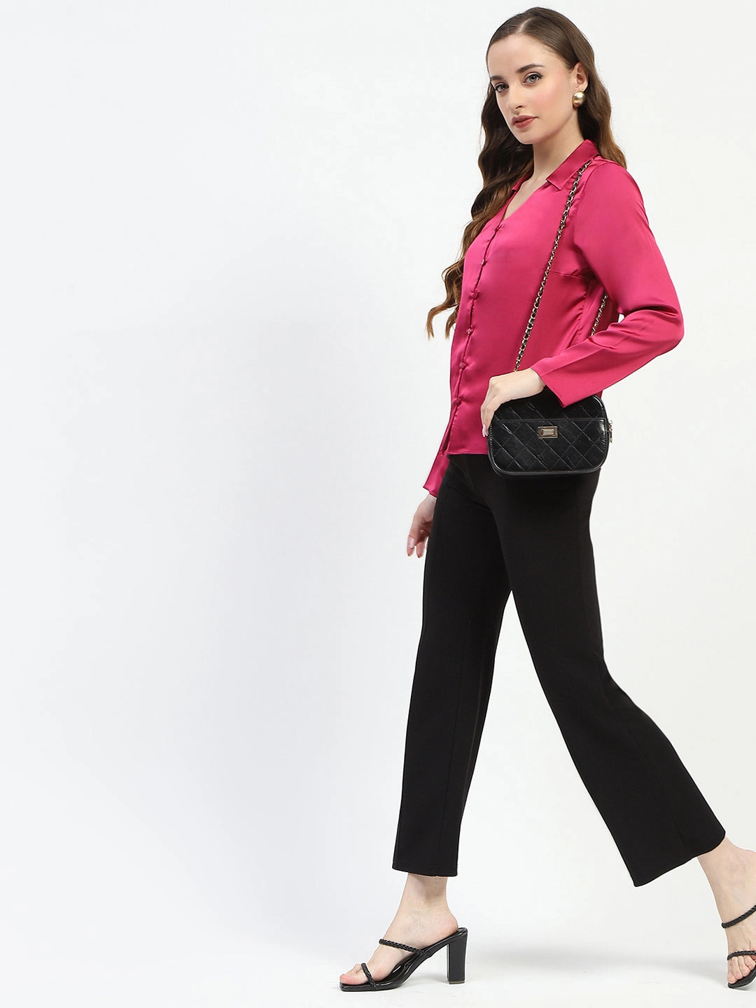 Madame Satin Bell Sleeve Collared Solid Fuschia Top Conference Appropriate