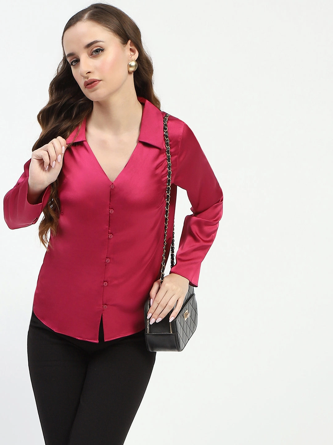 Multi Layer Stitching Madame Satin Bell Sleeve Collared Solid Fuschia Top