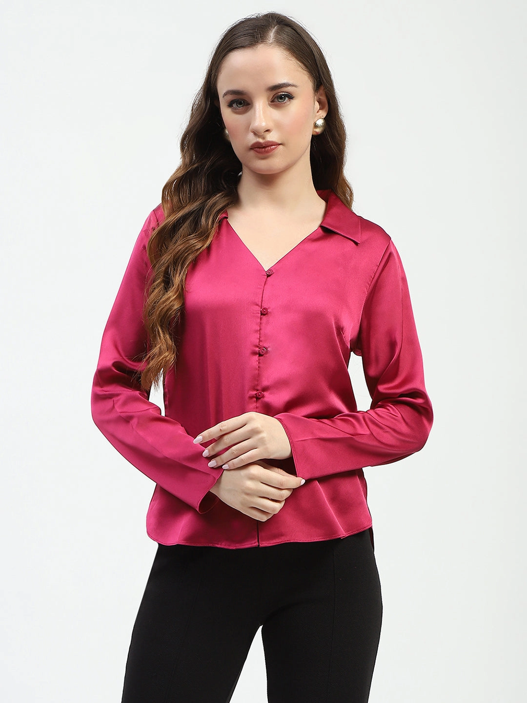 Layering Essential Minimal Design Madame Satin Bell Sleeve Collared Solid Fuschia Top