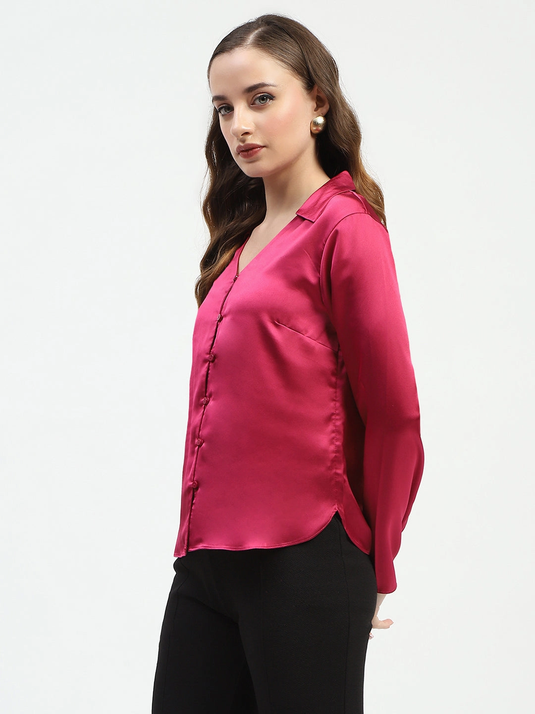 Roomy Cut Madame Satin Bell Sleeve Collared Solid Fuschia Top