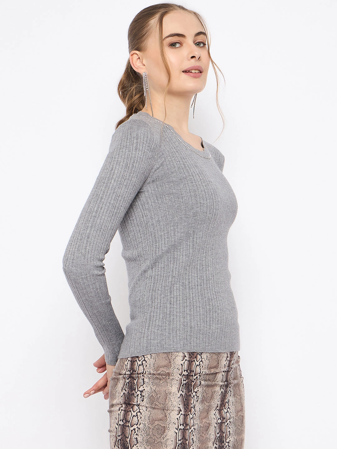 Textured Weave Light Stretch Madame Scalloped Neck Solid Grey Sweater