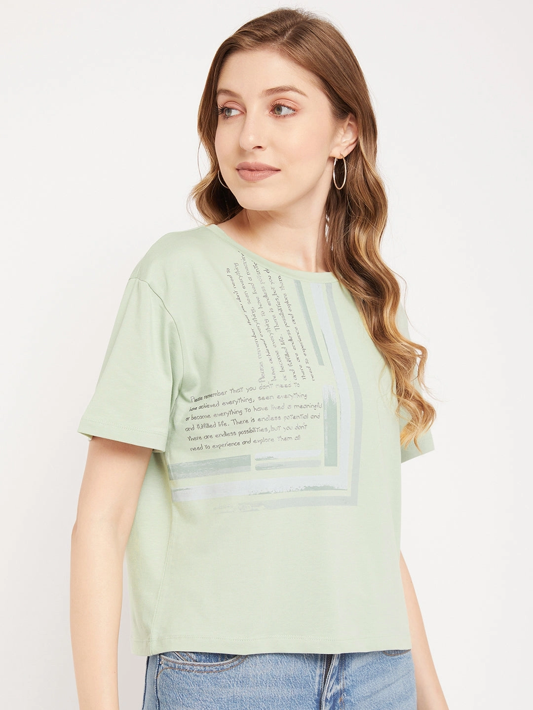 Madame Sea Green Typography T-Shirt MoistureWickingFabric Stretch Material