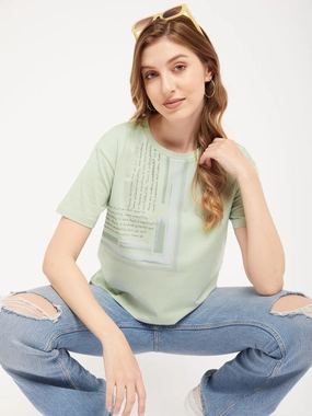 Perfectly Fit Casual Look Madame Sea Green Typography T-Shirt