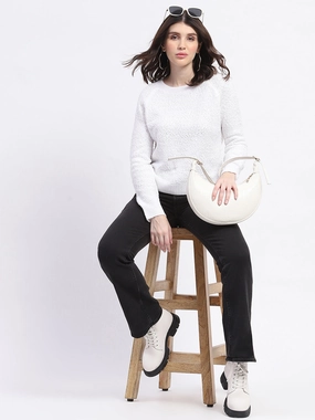 Soft and Warm Friction Resistant Edging Madame Self Design Off White Sweater