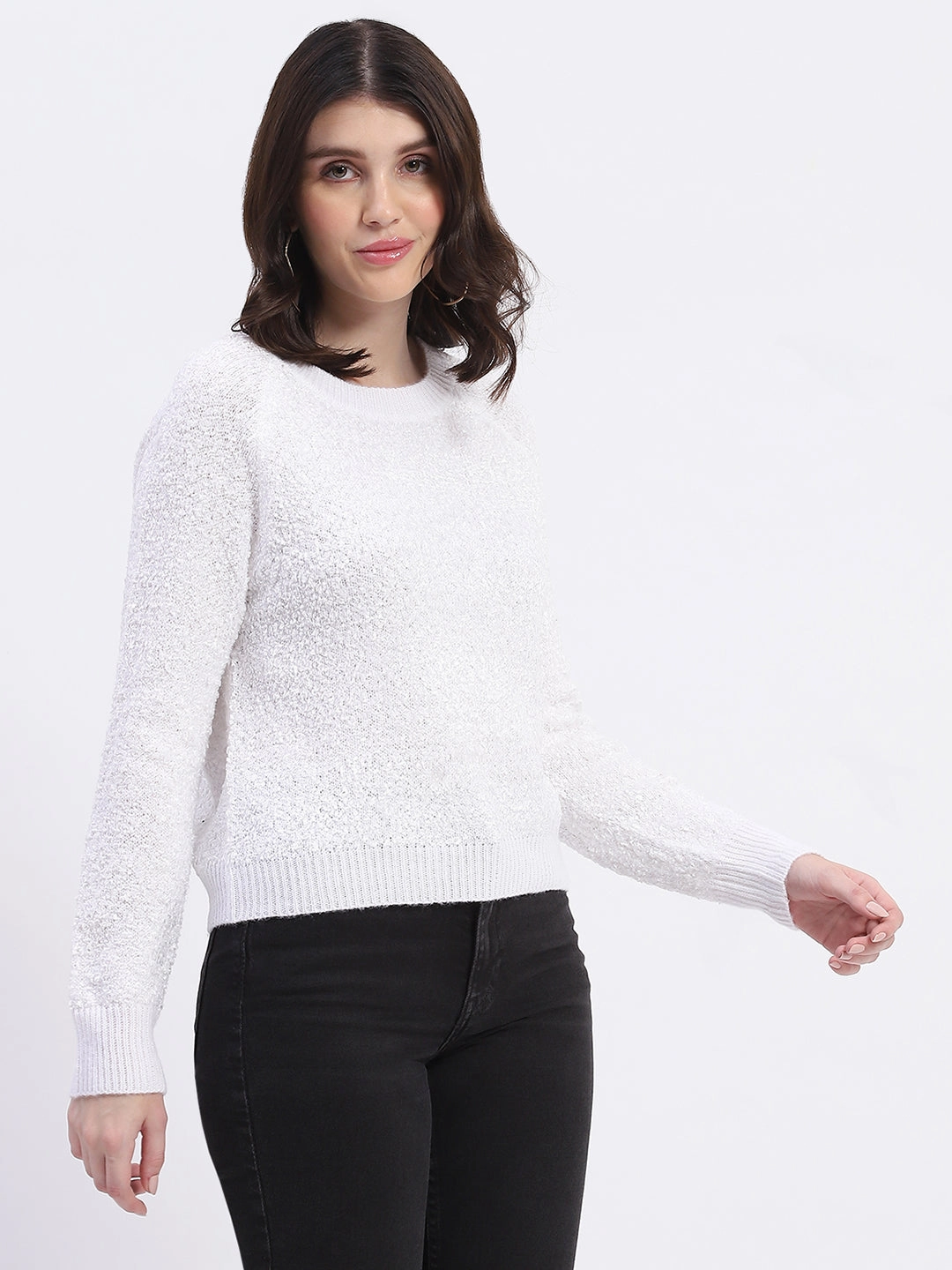 Durable Stitching Madame Self Design Off White Sweater