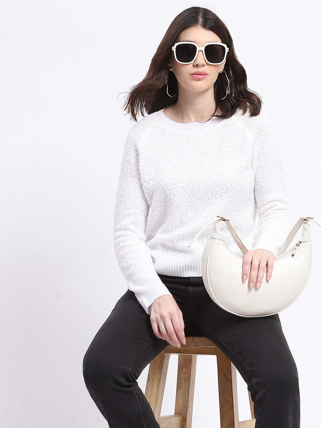 Madame Self Design Off White Sweater Snug Layer Hypoallergenic Yarn Construction