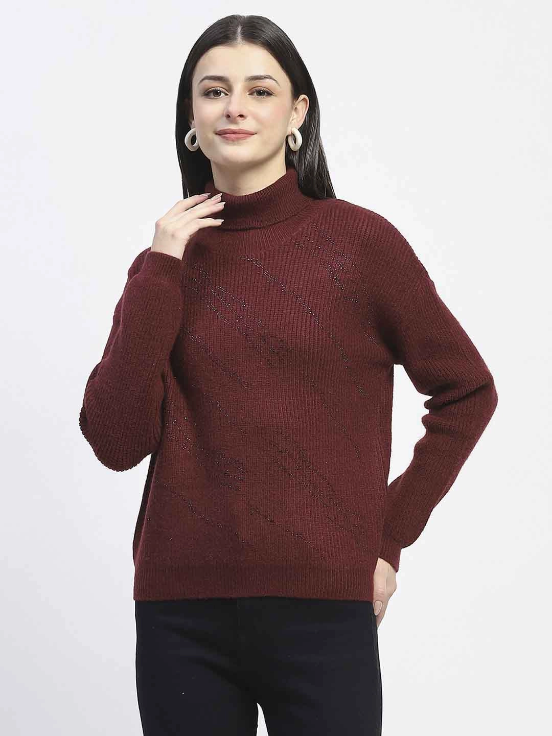 Cold Weather Wrinkle Resistant Madame Self Design Wine Red Turtleneck Sweater