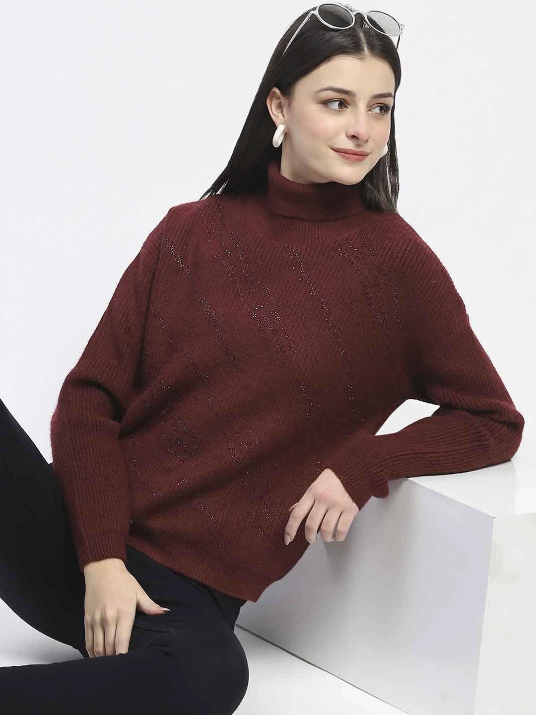 quick dry Versatile Layering Piece Madame Self Design Wine Red Turtleneck Sweater