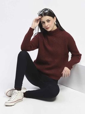 Madame Self Design Wine Red Turtleneck Sweater Comfortable apparel Layering Essential