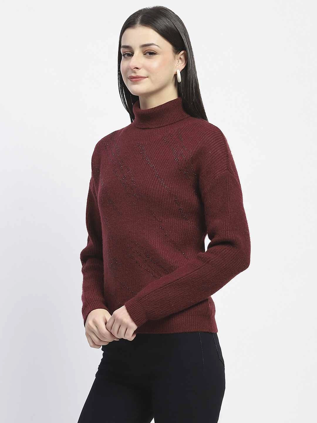 Cozy Design Wear Timeless Fashion Madame Self Design Wine Red Turtleneck Sweater