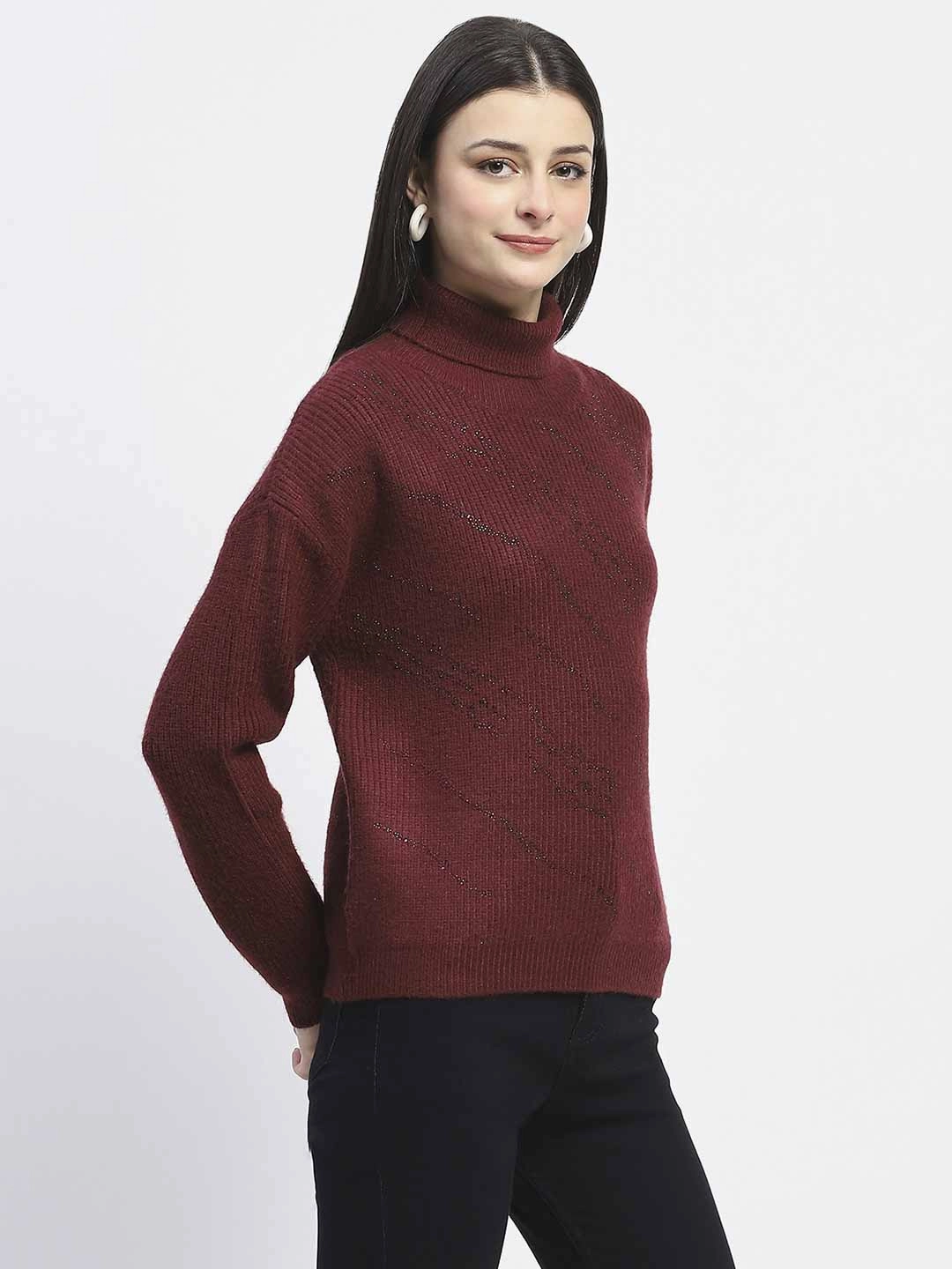 Chilly Weather Madame Self Design Wine Red Turtleneck Sweater