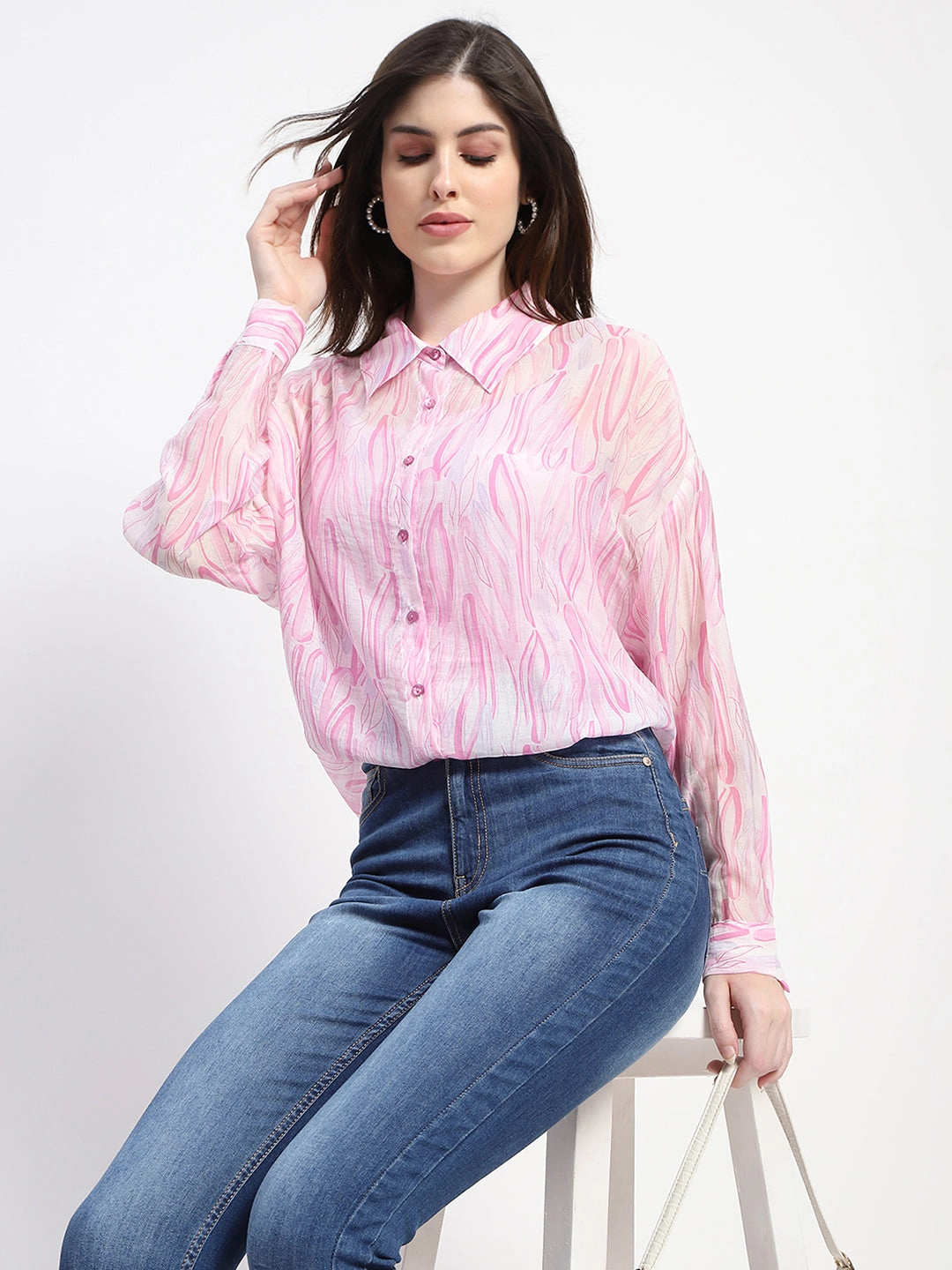Madame Semi Sheer Abstract Print Baby Pink Shirt Workwear Casual Timeless Piece