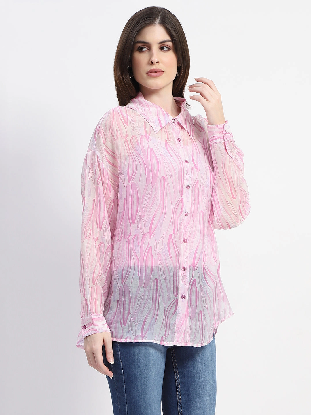 Madame Semi Sheer Abstract Print Baby Pink Shirt Static Dissipating Fiber crew neck