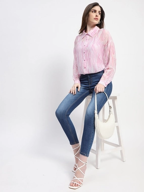 Streamlined Design Madame Semi Sheer Abstract Print Baby Pink Shirt