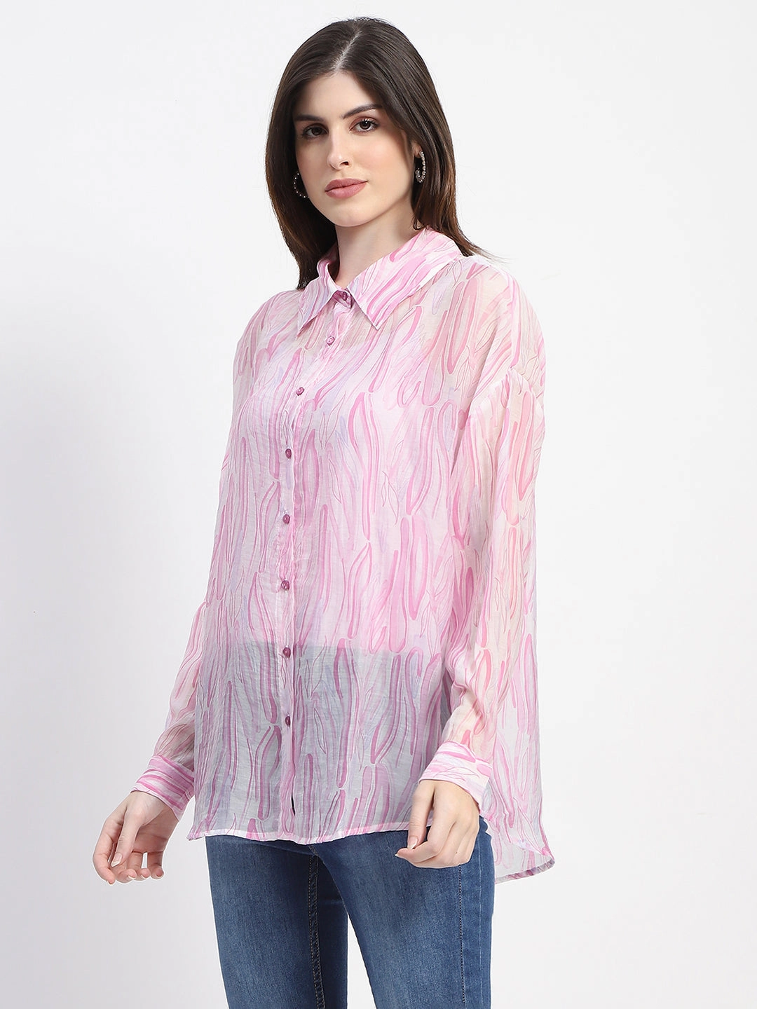 Madame Semi Sheer Abstract Print Baby Pink Shirt Plus size option