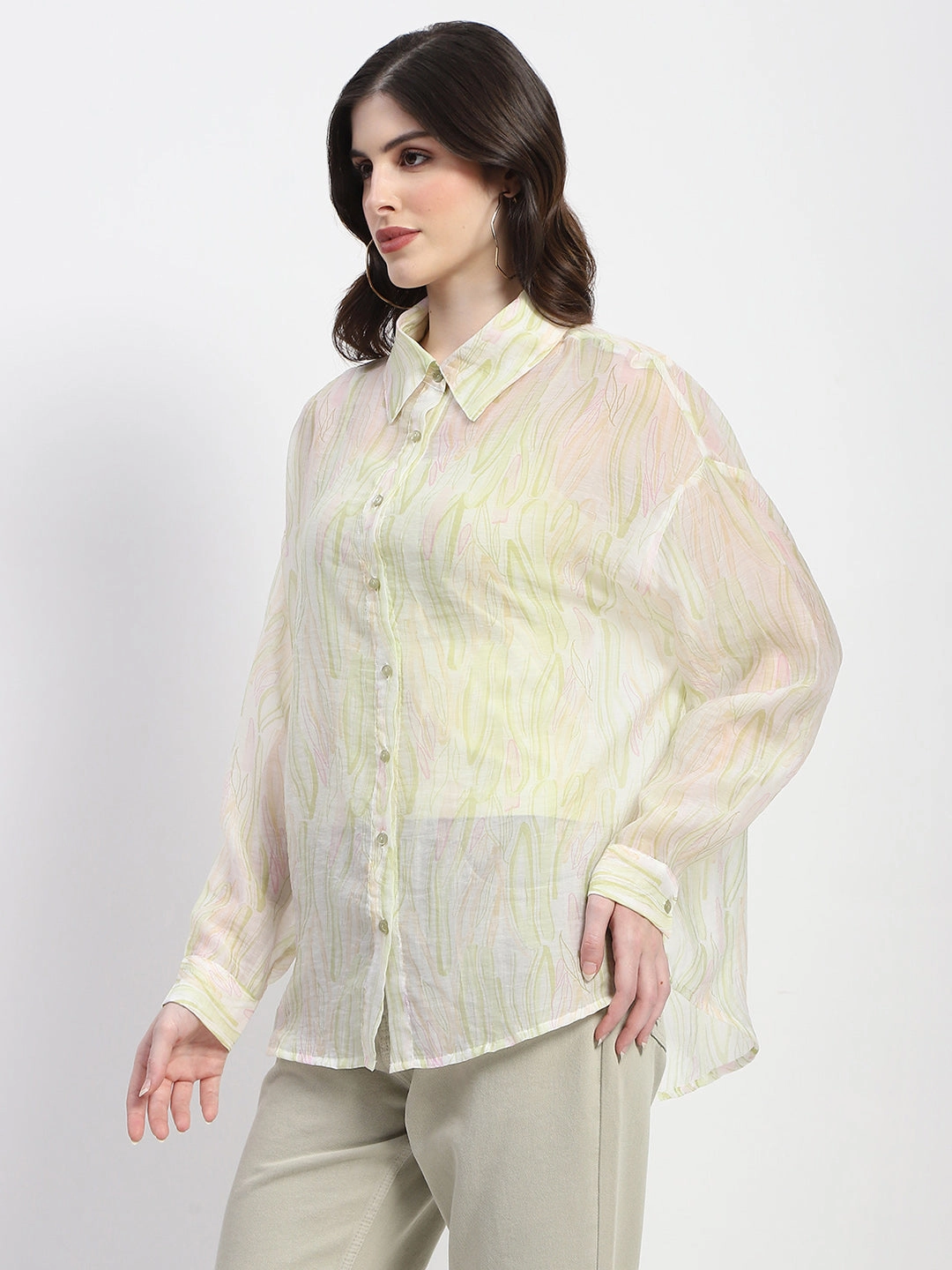 Relaxed Comfort sporty wear Madame Semi Sheer Abstract Print Lime Shirt