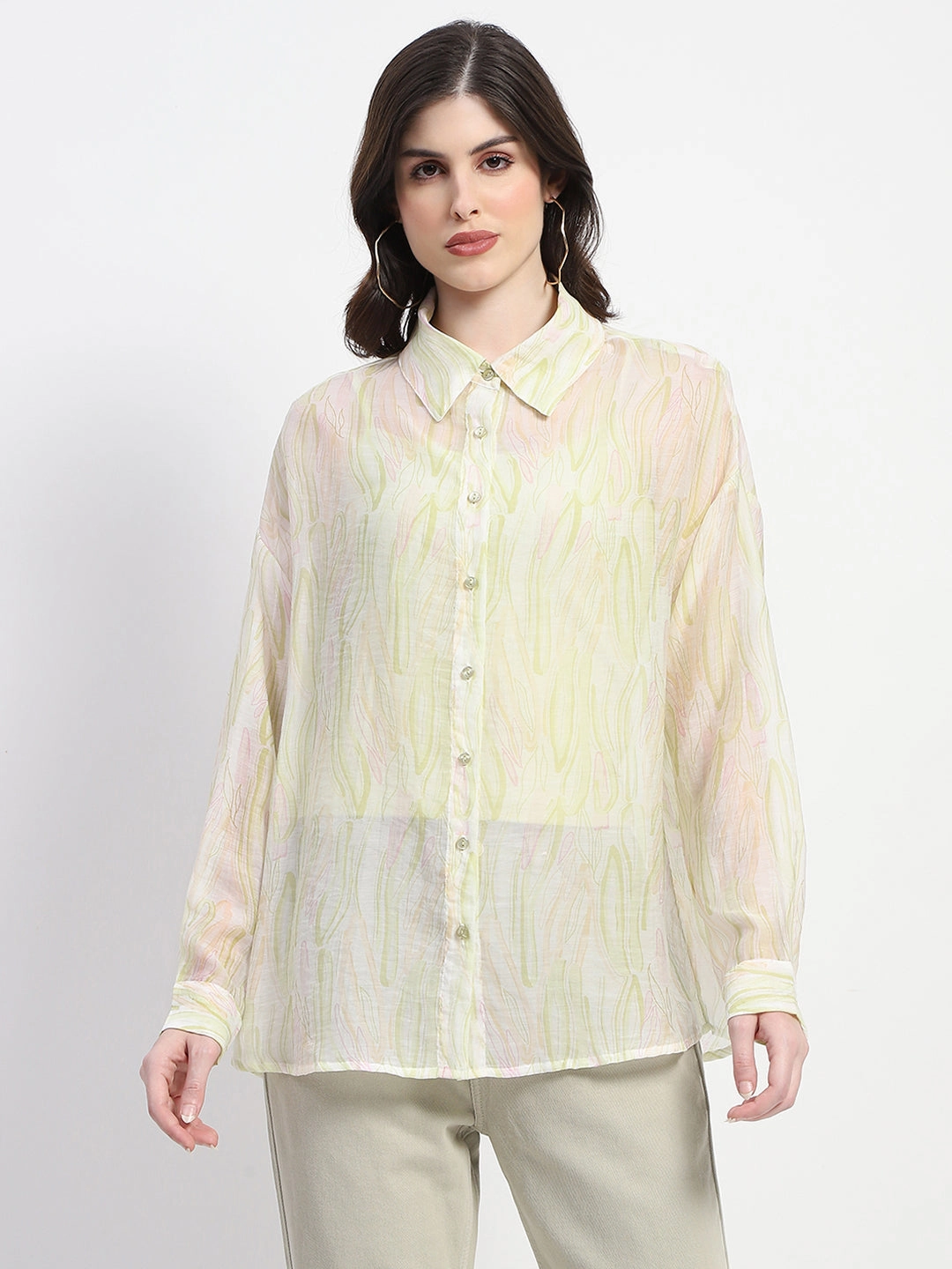 Madame Semi Sheer Abstract Print Lime Shirt Wardrobe Must-Have Sporty Style
