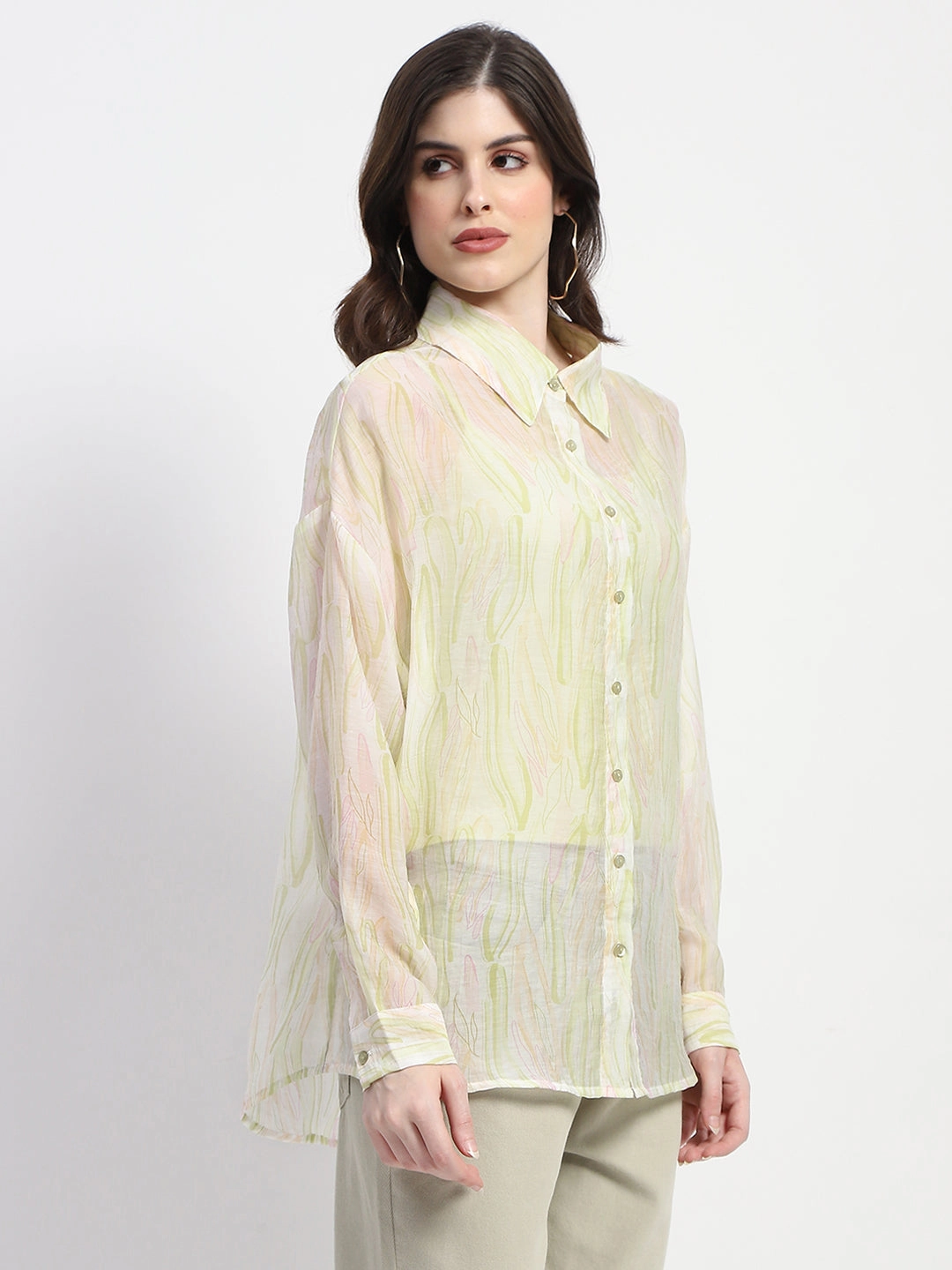 Madame Semi Sheer Abstract Print Lime Shirt Anti Static Finish Soft Material