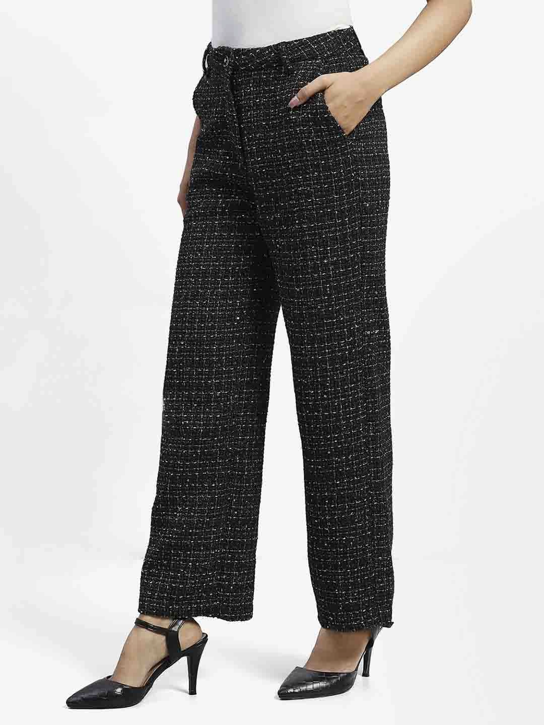 Packable design Layering Essential Madame Shanaya Kapoor Black Embellished Button Straight Fit Tweed Trousers