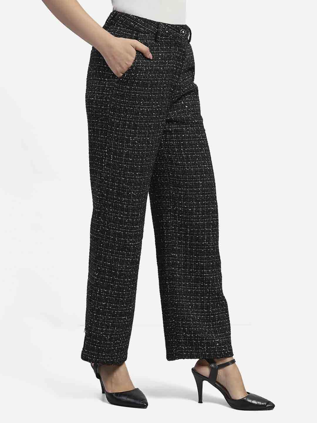 Relax Fit Design Madame Shanaya Kapoor Black Embellished Button Straight Fit Tweed Trousers