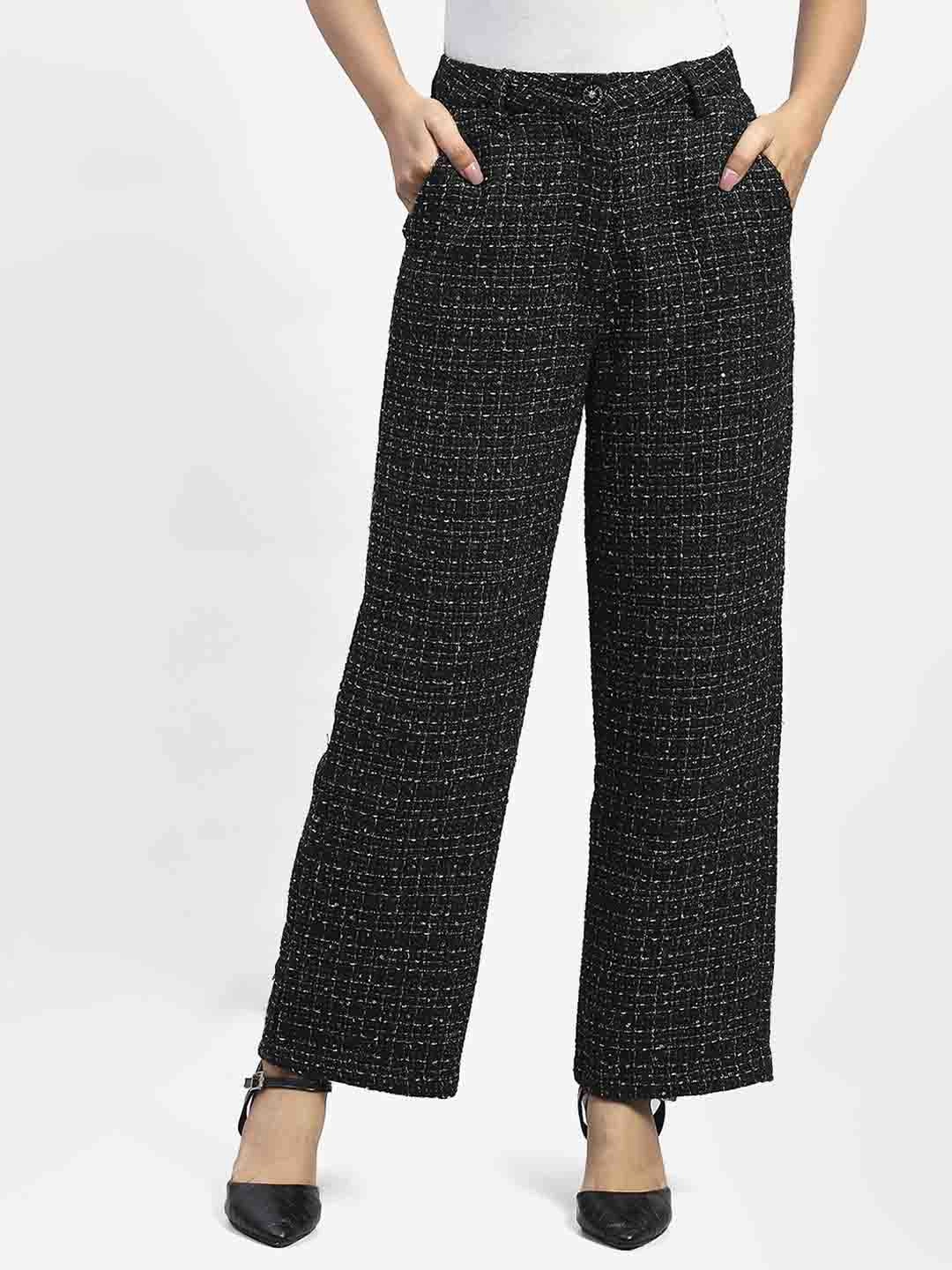 Outdoor Friendly Versatile Comfort Madame Shanaya Kapoor Black Embellished Button Straight Fit Tweed Trousers