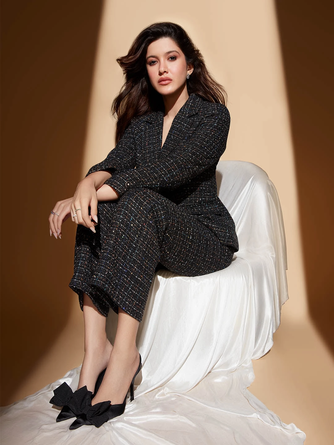 Madame Shanaya Kapoor Black Embellished Button Straight Fit Tweed Trousers Travel-Ready Comfortable fit