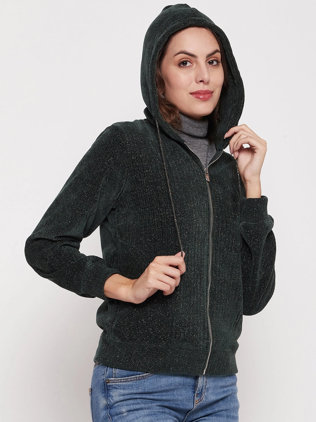 Madame Shimmer Bottle Green Hooded Sweatshirt Pullover
