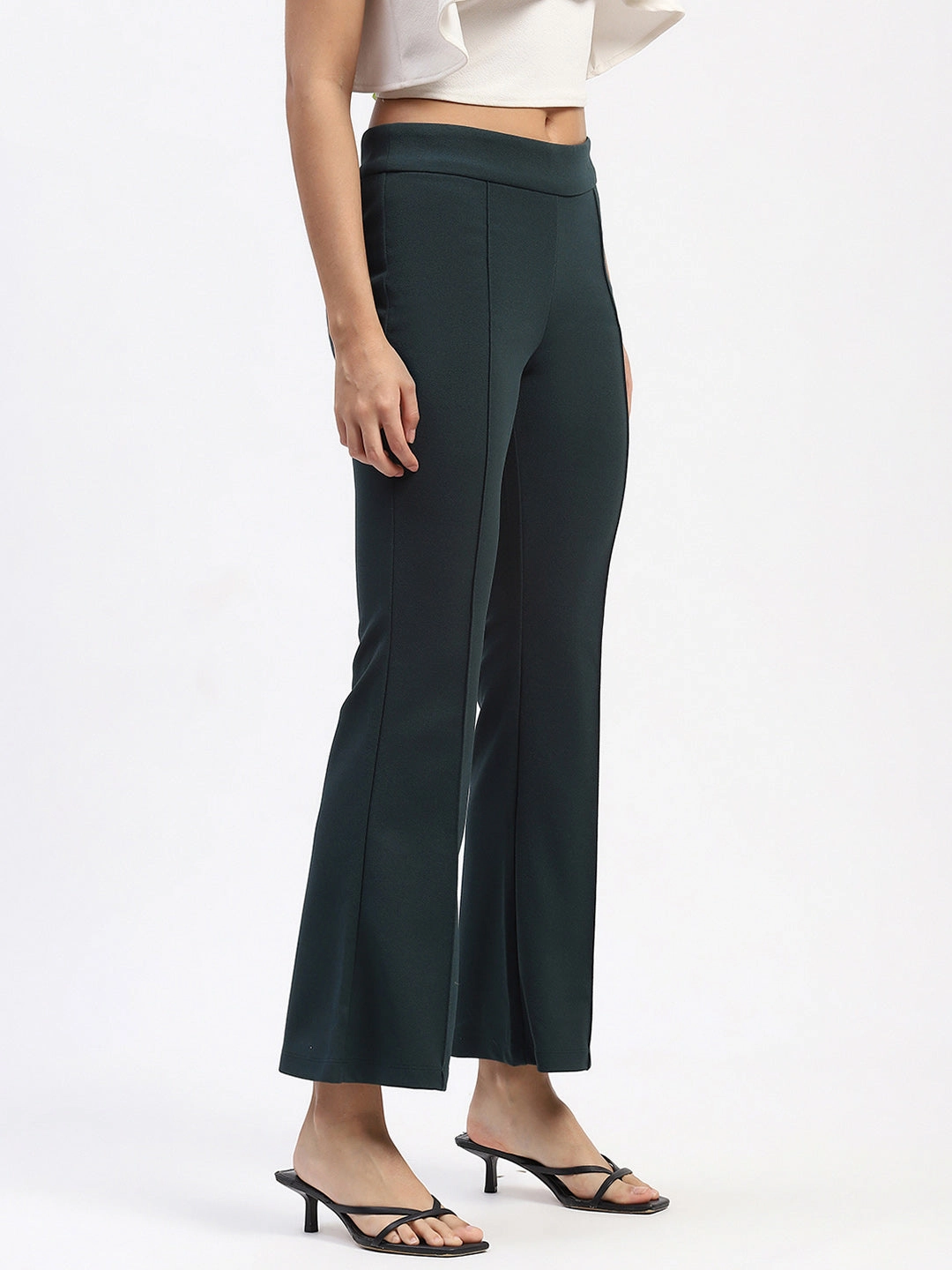 Madame Single Pleated Green Flared Trousers Comfortable Look
