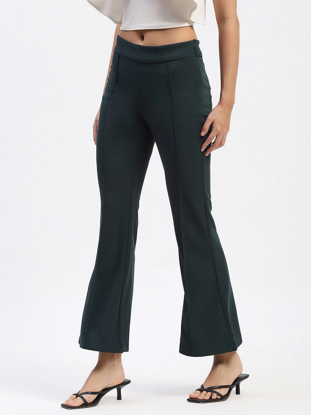 Laser Cut Perforations Madame Single Pleated Green Flared Trousers