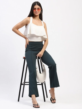 Performance Stretch Relaxed Lines Madame Single Pleated Green Flared Trousers