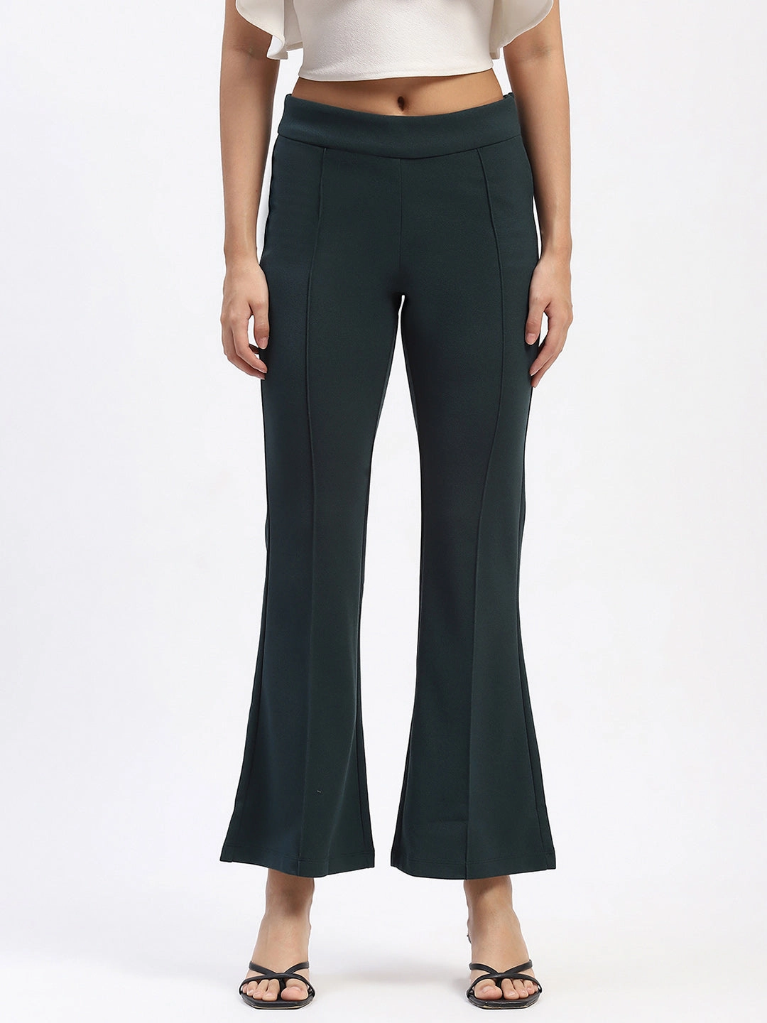 Sporty Vibe Madame Single Pleated Green Flared Trousers