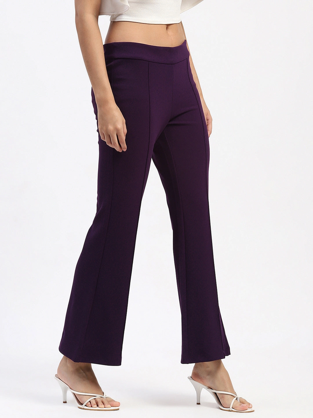 No Fuss Low Bulk Material Madame Single Pleated Purple Flared Trousers