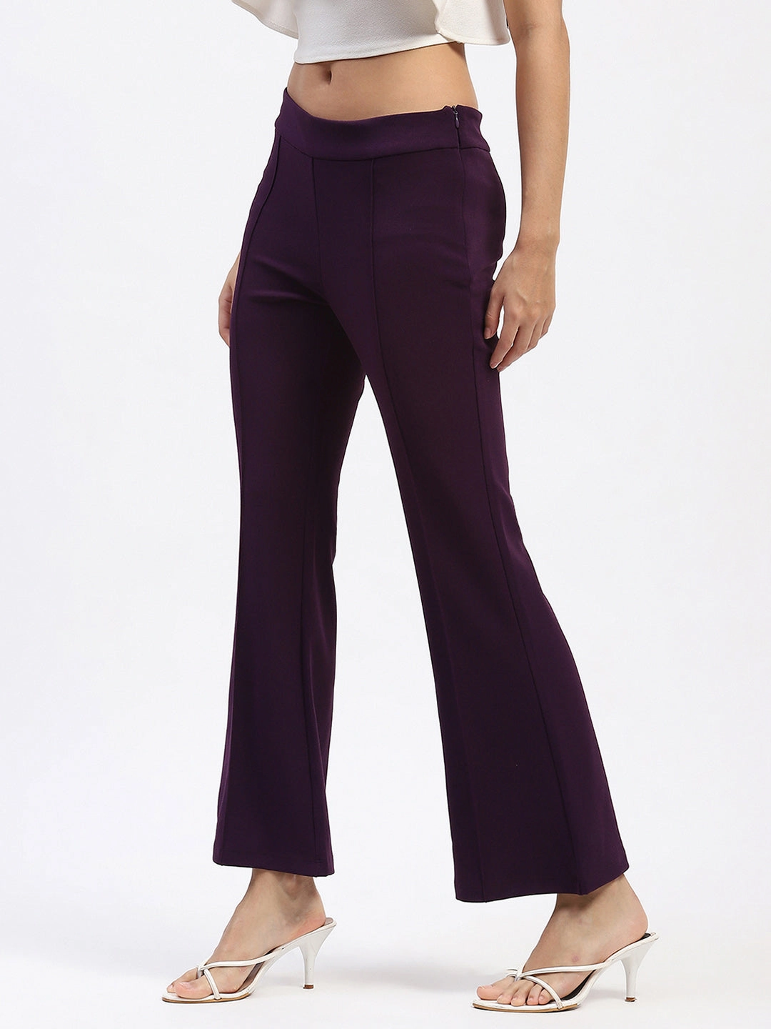 Madame Single Pleated Purple Flared Trousers Recycled Polyester Blend