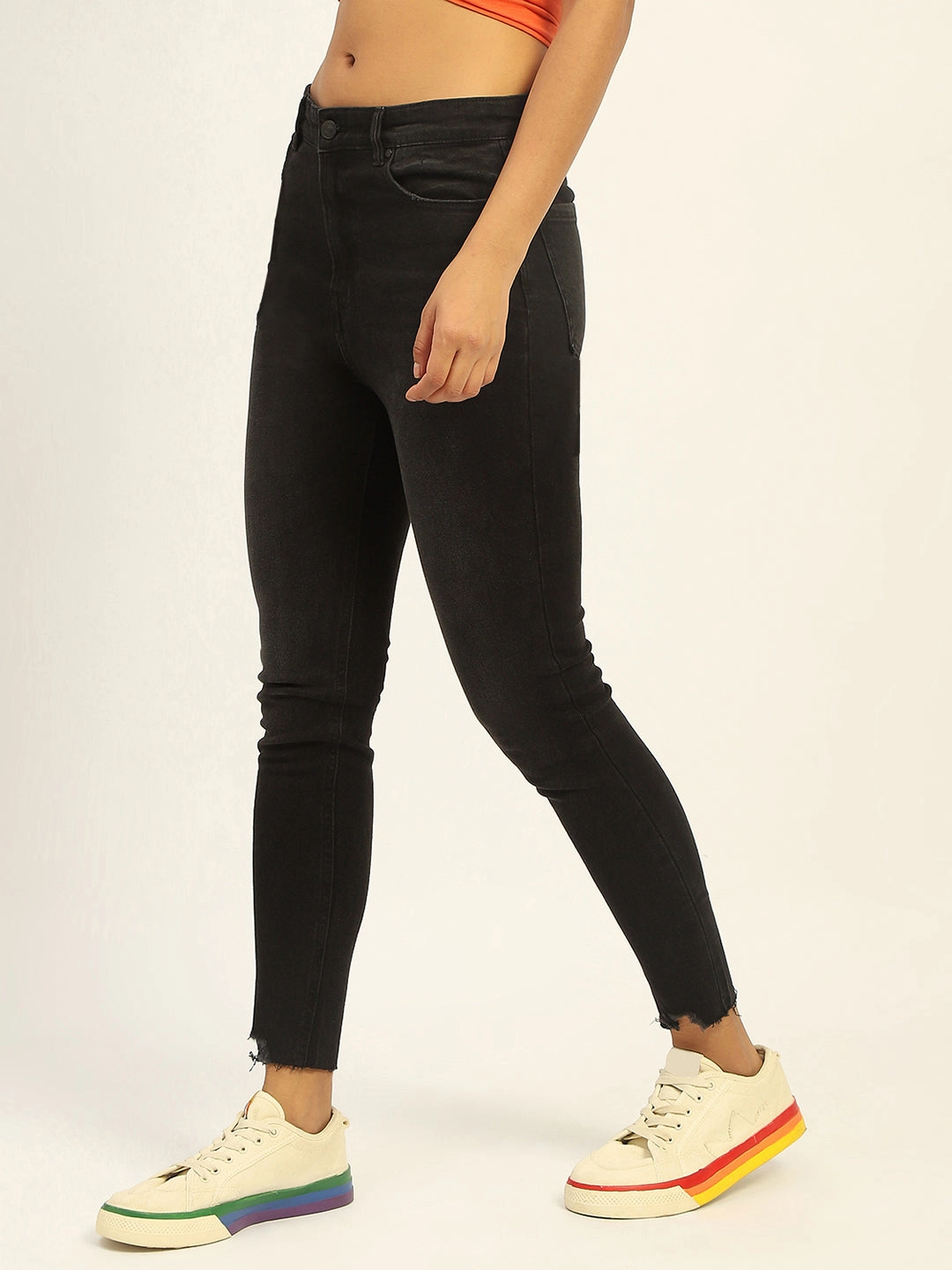 Beach Day Holiday Vibes Madame Skinny Fit Raw Hem Cotton Black Denim
