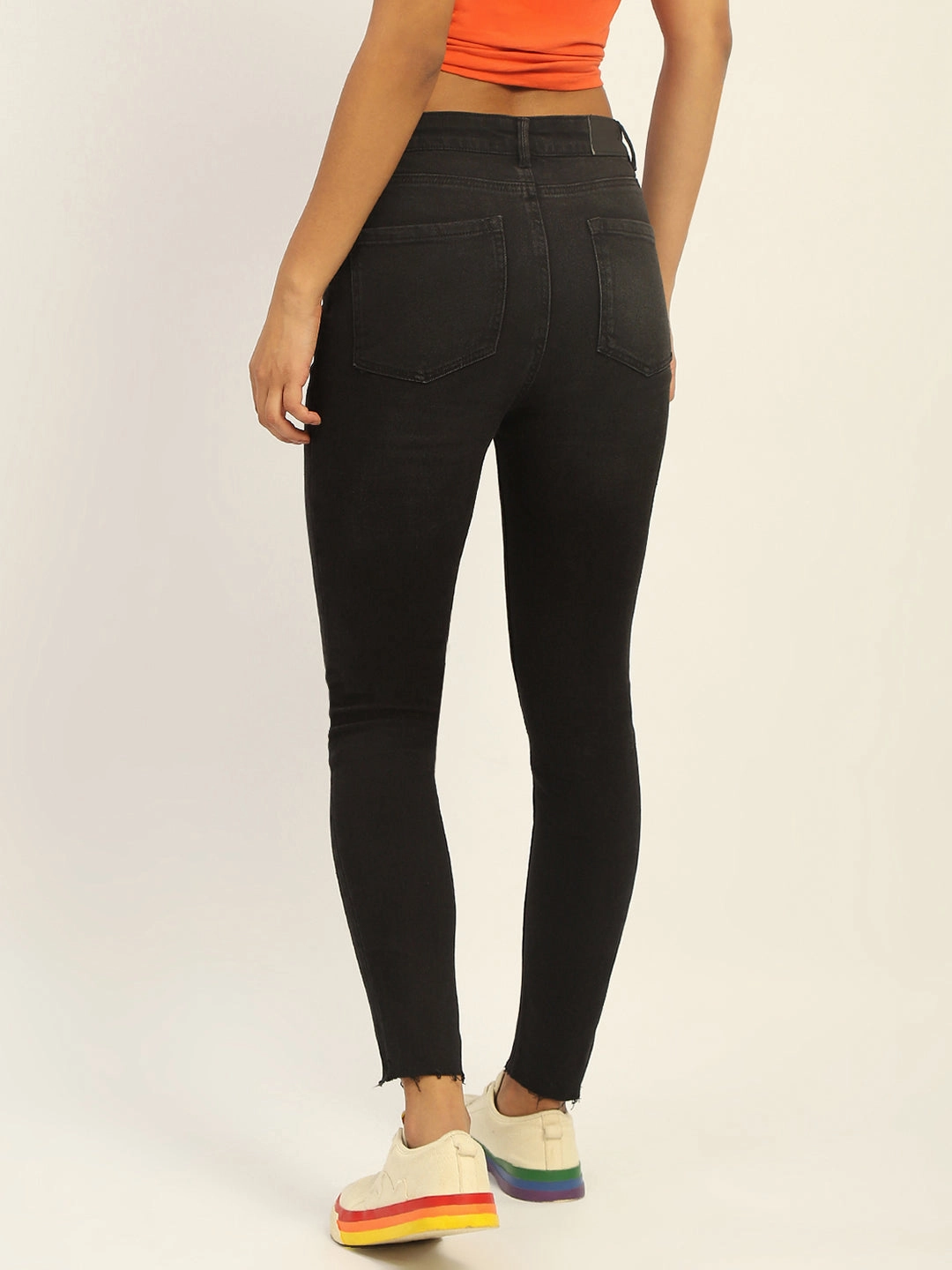 Stylish Casual Madame Skinny Fit Raw Hem Cotton Black Denim