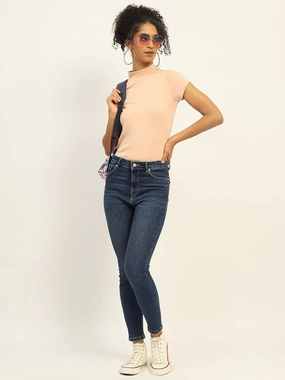 Vibrant Design Sunny Vibes Office Wear Madame Skinny Fit Raw Hem Cotton Dark Blue Denim