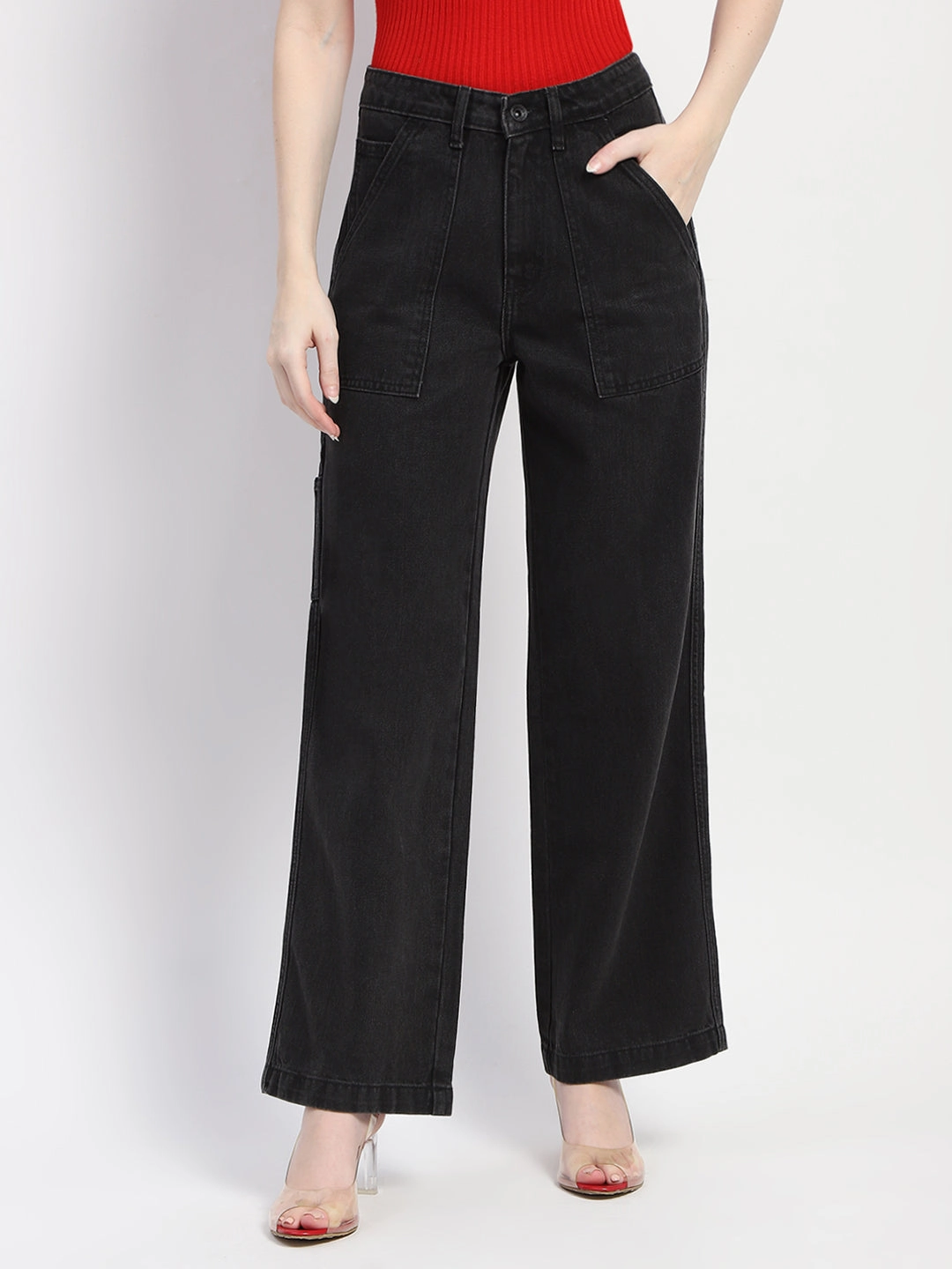Stylish Adult Fashion Madame Slant Pocket Flared Black Denim