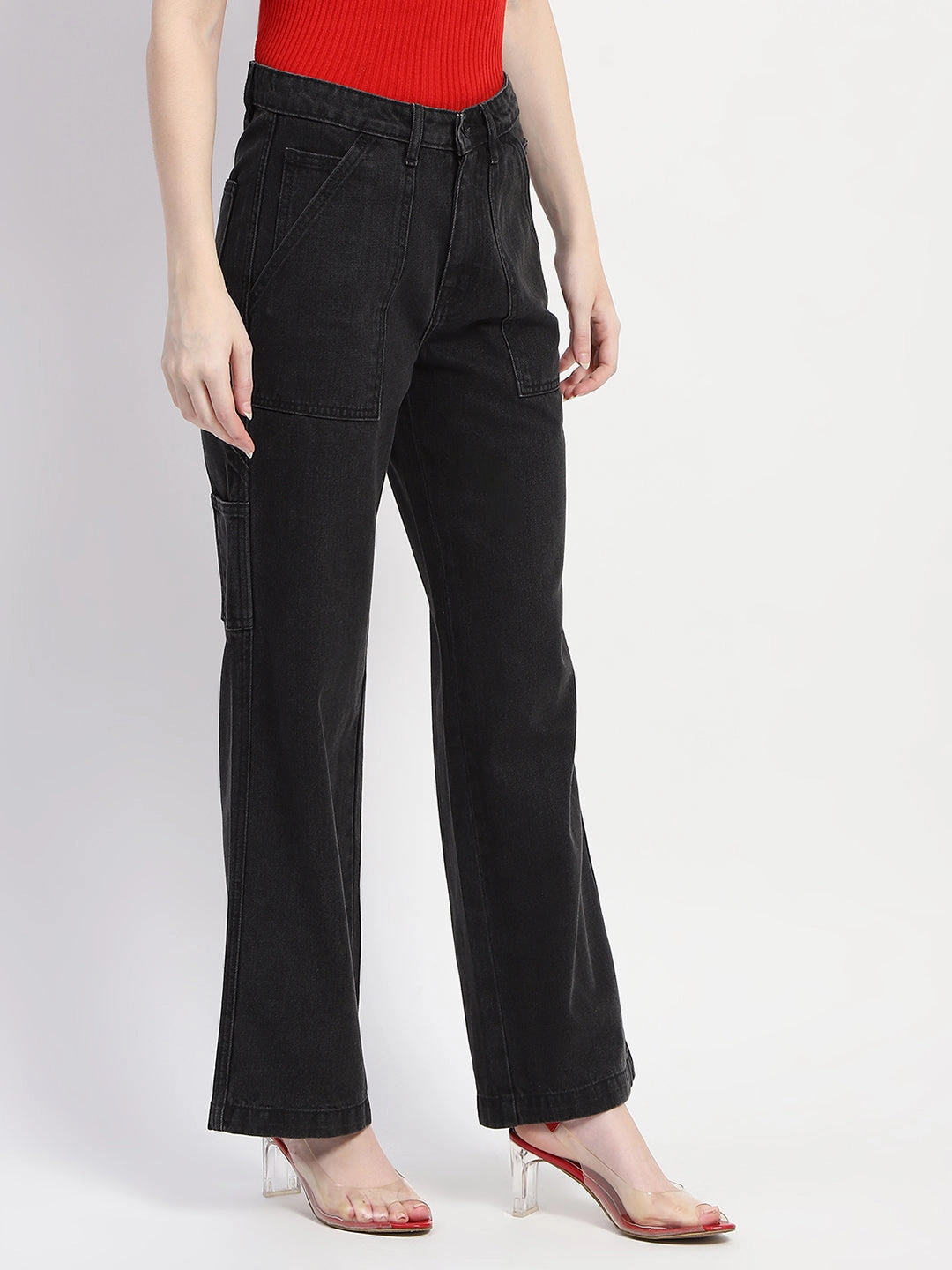 Madame Slant Pocket Flared Black Denim Comfortable Waistband Versatile Wear