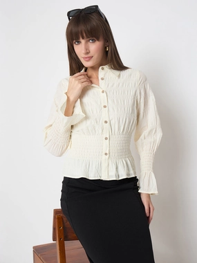 Seasonal Trend Madame Smocked Waist Off White Peplum Shirt