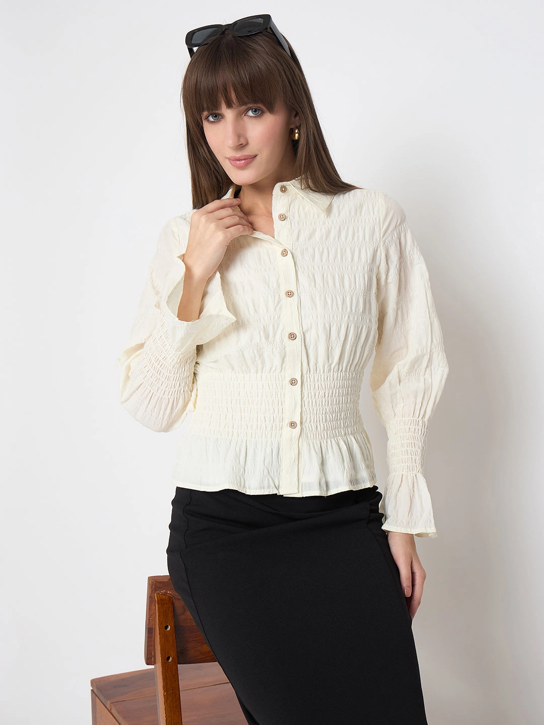 Seasonal Trend Madame Smocked Waist Off White Peplum Shirt