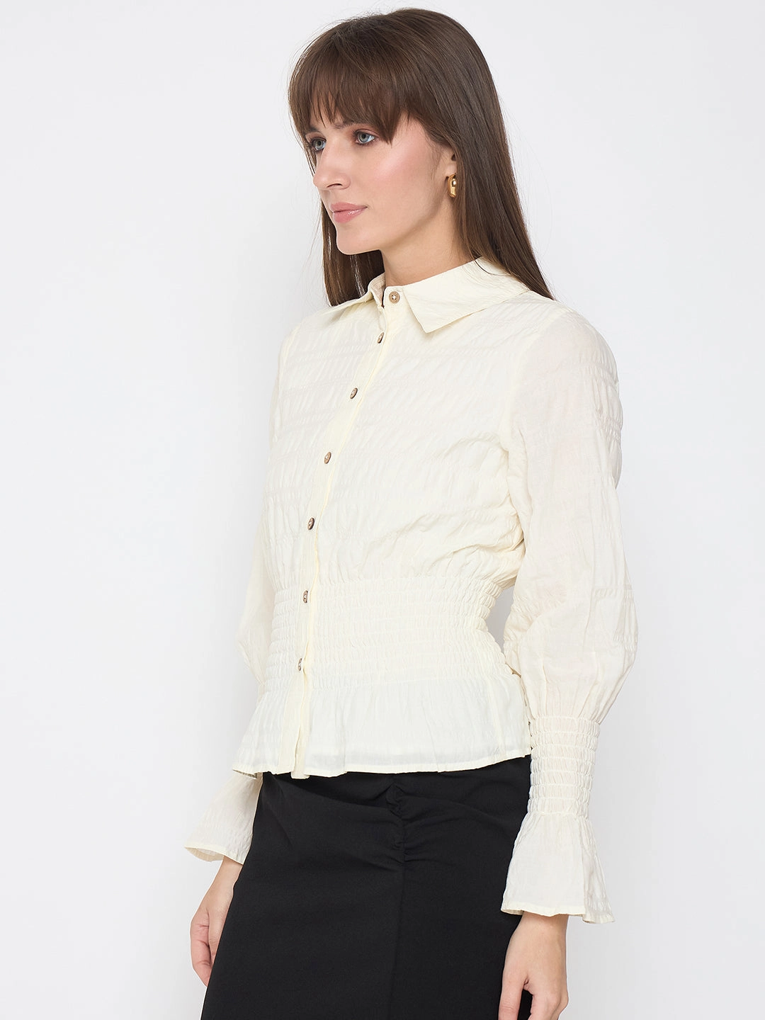 Classic Comfort wrinkle free Madame Smocked Waist Off White Peplum Shirt